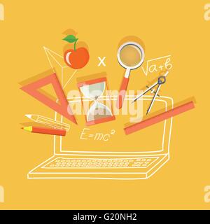 Flat design vector  icons of school and hand drawn signs on yellow background. EPS 10 Stock Vector