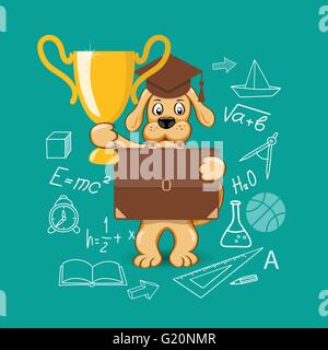 Flat design modern vector illustration  concept of  school, university, education with cartoon dog, academic cap and winner cup Stock Vector