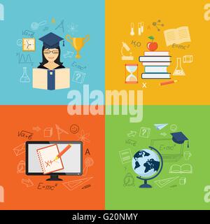 Flat design modern vector illustration set of concept of school, university, online  training, education, study with books, girl Stock Vector