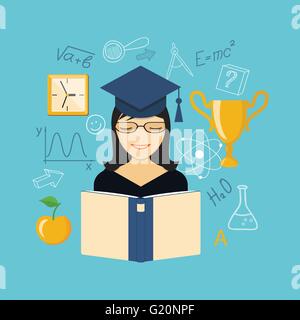 Flat design modern vector illustration concept of  school, university, education, study, training with girl, clock, apple, winne Stock Vector