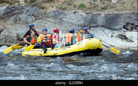 Family and friends on a river rafting trip. Stock Photo