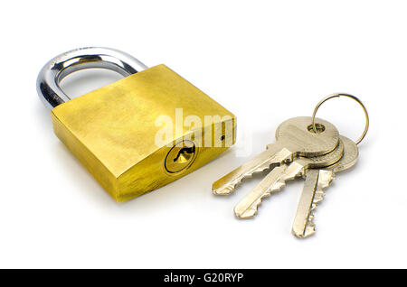Unlocked padlock with the key on white background Stock Photo