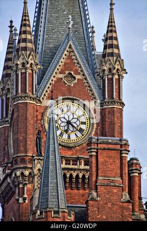 London international Railway station.Red brick wall, brick buildings, like a church.  St Pancras railway station in London. Stock Photo