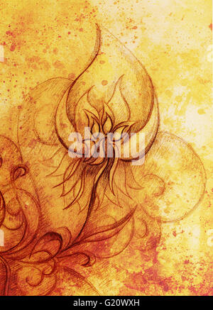 ornamental filigran drawing on paper with flower and flame structure ...