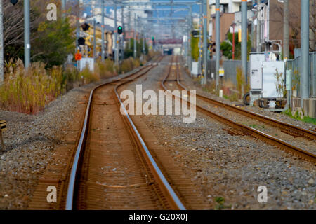 railroad : a track or set of tracks made of steel rails along which passenger and freight trains run. Stock Photo