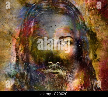 Jesus Christ painting with radiant colorful energy of light, eye contact. Stock Photo