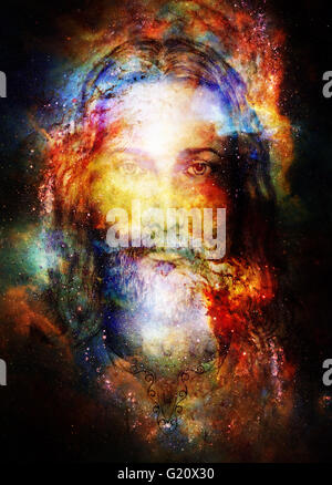 Jesus Christ painting with radiant colorful energy of light in cosmic space, eye contact. Stock Photo