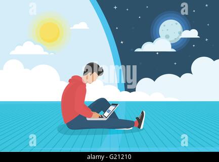 Young man sitting on the floor working with laptop day and night Stock Vector