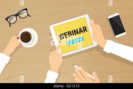 Human hands hold a tablet pc with webinar invitation on the display Stock Vector