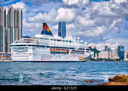 The cruise ship Star Pisces entering Victoria Harbour in Hong Kong on August 1, 2015. Stock Photo