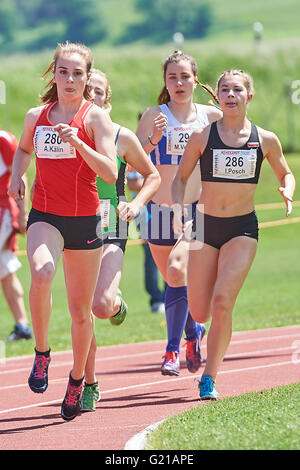 Landquart, Switzerland. May 22, 2016. Athletes perform during the 800 metres competition at the U18 athletics combined events meeting in Landquart. ltr Annik Kälin from AJ TV Landquart, Sandra Röthlin from Leichtathletik Kerns, Mia Vetterli from US Ascona and Isabel Posch from TS Lustenau Vorarlberg. Credit:  Rolf Simeon/Alamy Live News. Stock Photo