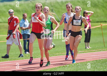 Landquart, Switzerland. May 22, 2016. Athletes perform during the 800 metres competition at the U18 athletics combined events meeting in Landquart. ltr Annik Kälin from AJ TV Landquart, Sandra Röthlin from Leichtathletik Kerns, Mia Vetterli from US Ascona and Isabel Posch from TS Lustenau Vorarlberg. Credit:  Rolf Simeon/Alamy Live News. Stock Photo