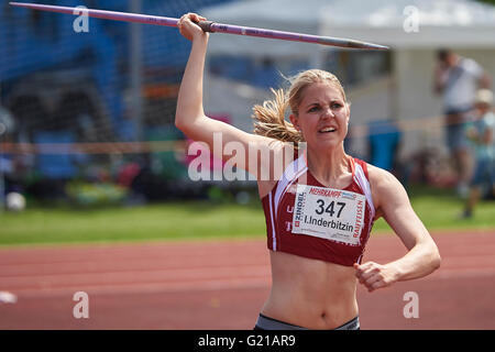 Landquart, Switzerland. May 22, 2016. Iris Inderbitzin from TSV Steinen during the Javelin throw competition at the athletics combined events meeting in Landquart. Credit:  Rolf Simeon/Alamy Live News. Stock Photo