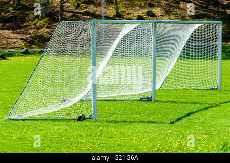 Two soccer goals side by side on a green grass field. Forest in background. Stock Photo