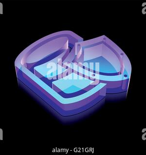 Software icon: 3d neon glowing Database With Shield made of glass, vector illustration. Stock Vector