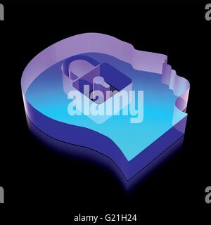 Business icon: 3d neon glowing Head With Padlock made of glass, vector illustration. Stock Vector