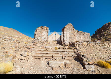 Abandoned and ruined old colonial village and mining town on the highlands of the Andes on the way to the famous Uyuni Salt Flat Stock Photo