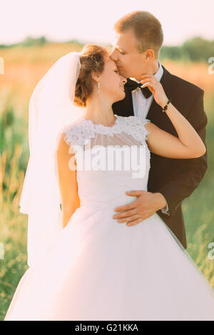 Young handsome groom kissing forehead of his beautiful bride in a field with grass eared Stock Photo