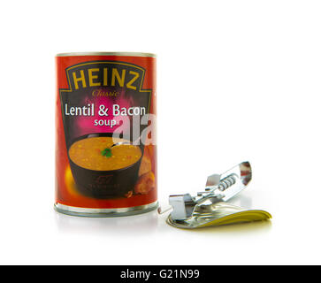 Heinz lentil and Bacon soup with a tin opener on a white background Stock Photo