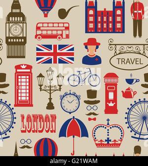 Old Seamless Texture of Silhouettes Symbols of Great Britain, Stock Vector