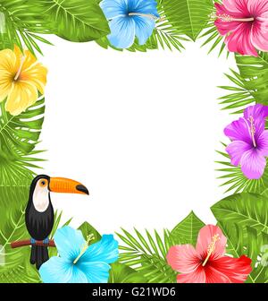 Exotic Jungle Frame with Toucan Bird, Colorful Hibiscus Flowers Blossom Stock Vector