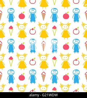 Seamless Background with Smiling Kids with Ice Cream, Apples Stock Vector