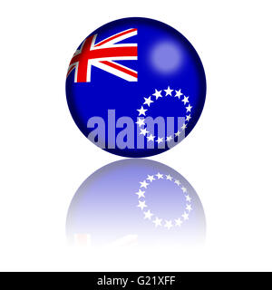 3D sphere or badge of Cook Islands flag with reflection at bottom. Stock Photo