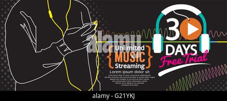 30 Days Free Trial Music Streaming 1500x600 Banner Vector Illustration Stock Vector
