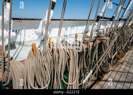 Old sailing ship masts sails and rigging Stock Photo