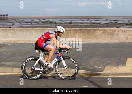 RAF Rider 682 WyndyMilla custom steel bike at the Southport cycling event which has been included as part of the British Triathlon Major Events Programme as a GB Age Group Team Qualifier riding for the ITU Standard Distance Triathlon World Championships quickly becoming an iconic sporting event, for cyclist, runners and riders, passing many of the landmarks of this famous Seaside resort. A fast & flat bike course on fully closed roads along the coast, followed by a similarly flat and scenic run around the Lake. Stock Photo