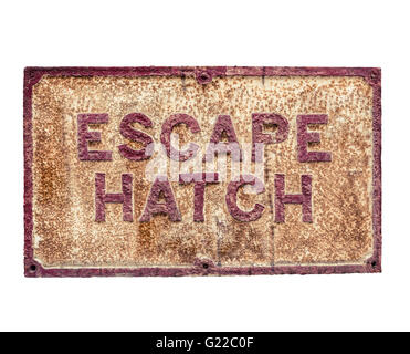 Isolated Rusty Emergency Escape Hatch Sign On A White Background Stock Photo