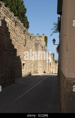 a beautiful photo of a quiet road in the shade with an ancient fortress wall, Palma de Mallorca, Spain, seaside, tourism Stock Photo
