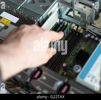 Computer technician installing RAM memory into motherboard. Stock Photo