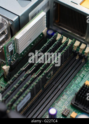 Inside of server pc. Motherboard and RAM memory. Stock Photo