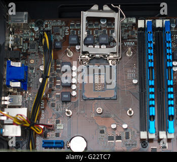Inside of pc. Motherboard, CPU socket and RAM memory. Stock Photo