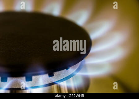Fossil fuel close up of blue gas flame in home kitchen cooker Stock Photo