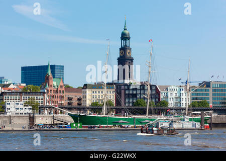 Hamburg waterfront with famous Michel church and 'Rickmer Rickmers' museum ship Stock Photo