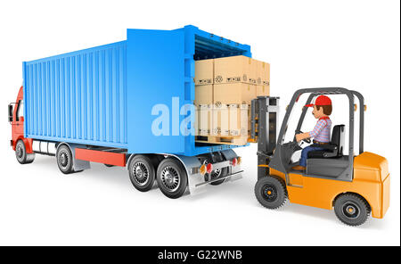 3d working people illustration. Worker driving a forklift loading a container truck. Isolated white background. Stock Photo