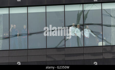 FILE PIC: London, UK. 21st May, 2016. Louis Van Gaal waves from the window of the team hotel ahead of the FA Cup Final between Crystal Palace and Manchester United. This picture goes with the breaking news that former Manchester United manager was sacked today, 23 May 2016, with Jose Mourinho expected to be his successor. Credit:  Stephen Chung / Alamy Live News Stock Photo