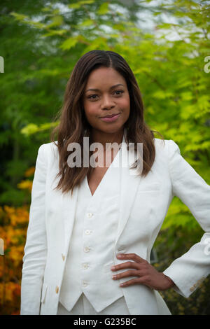 Chelsea, London UK. 23rd May 2016. Actress Naomie Harris on Burncoose Nurseries stand in the Great Pavilion. Press Day for the world famous Chelsea Flower Show. Credit:  Malcolm Park editorial/Alamy Live News. Stock Photo