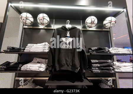 Milan, Italy. 23 may, 2016: The store of Giuseppe Meazza Stadium (also known as San Siro). In the pic: merchandising of Champions League Final Stock Photo