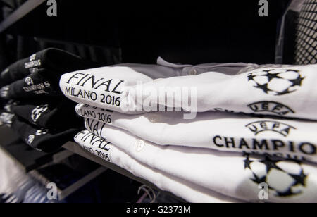 Milan, Italy. 23 may, 2016: The store of Giuseppe Meazza Stadium (also known as San Siro). In the pic: merchandising of Champions League Final Stock Photo
