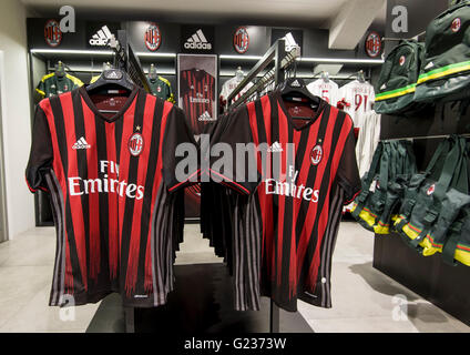 Milan, Italy. 23 may, 2016: The store of Giuseppe Meazza Stadium (also known as San Siro). in the pic: official jersey of AC Milan Stock Photo