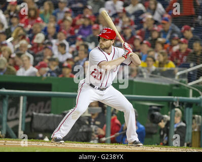 Washington, District of Columbia, USA. 23rd May, 2016. Washington Nationals second baseman Daniel Murphy (20) bats in the first inning against the New York Mets at Nationals Park in Washington, DC on Monday, May 23, 2016. The Mets won the game 7 - 1.Credit: Ron Sachs/CNP © Ron Sachs/CNP/ZUMA Wire/Alamy Live News Stock Photo