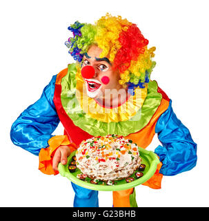 Funny Clown With A Birthday Cake Isolated On White Background Stock Photo Alamy