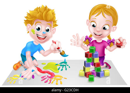 Cartoon boy and girl playing with toys, with paints and toy building blocks Stock Photo