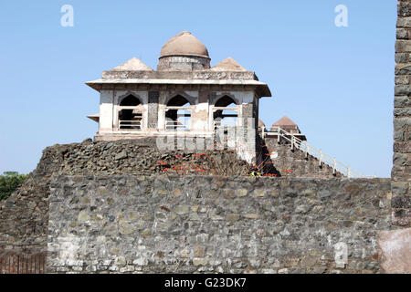 View of pavilion with central dome and turrets on either side at Jahaz Mahal in Mandu, Madhya Pradesh, India, Asia Stock Photo