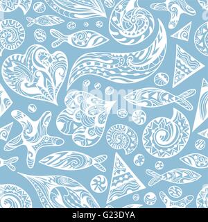 Marine sea seamless texture with abstract ornamental doodle design elements, waves, shells and fishes on blue background Stock Vector