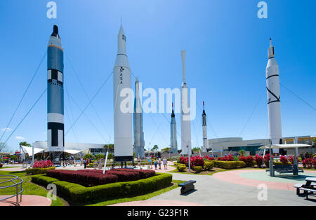 Several rockets are exhibited in rocket garden in the visitor complex of Kennedy Space Center Stock Photo