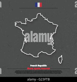 French Republic map outline and official flag icon over grunge background. vector France political map 3d illustration. European Stock Vector